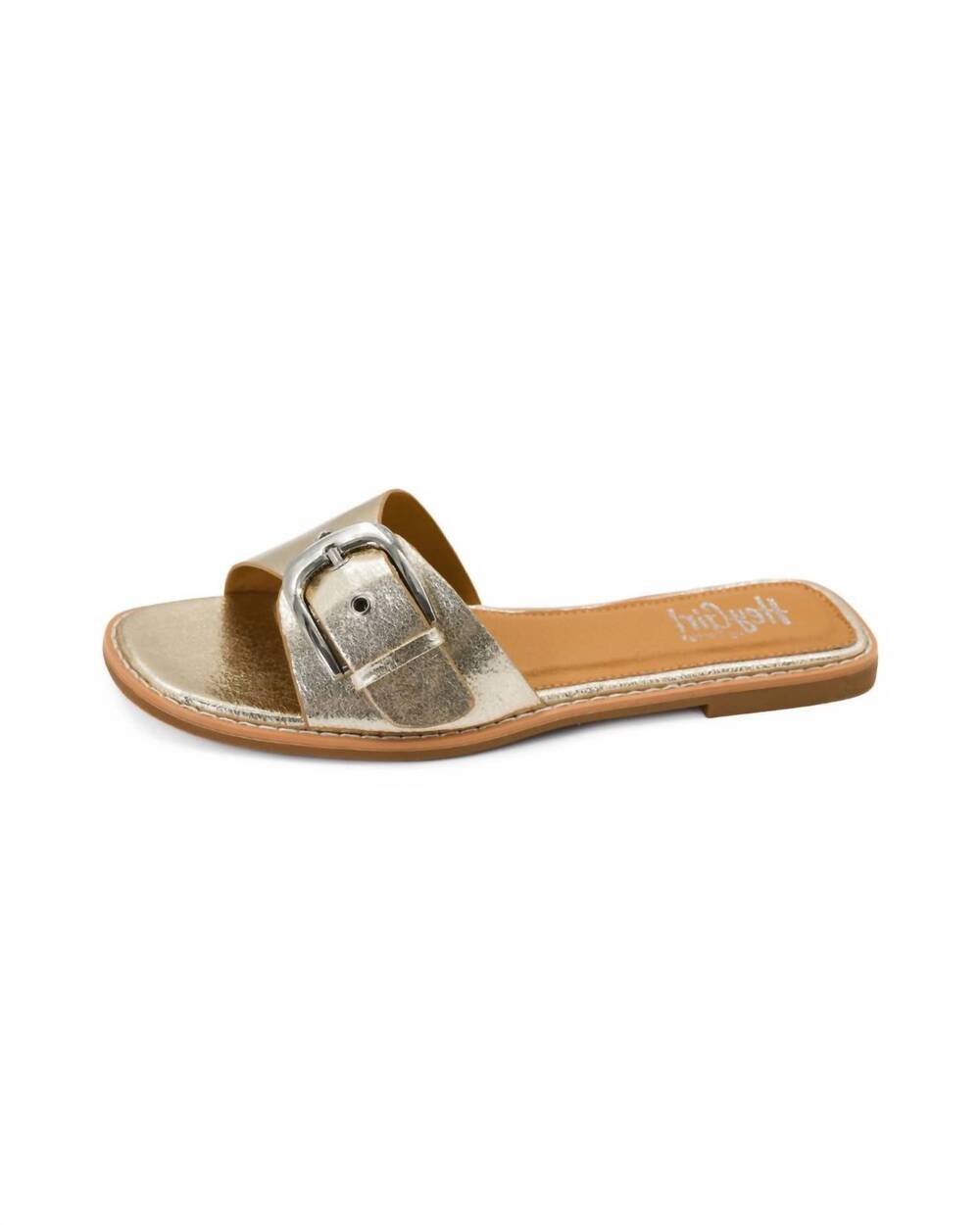 NEW CORKYS FOOTWEAR women's metallic buckle slide sandals in gold
